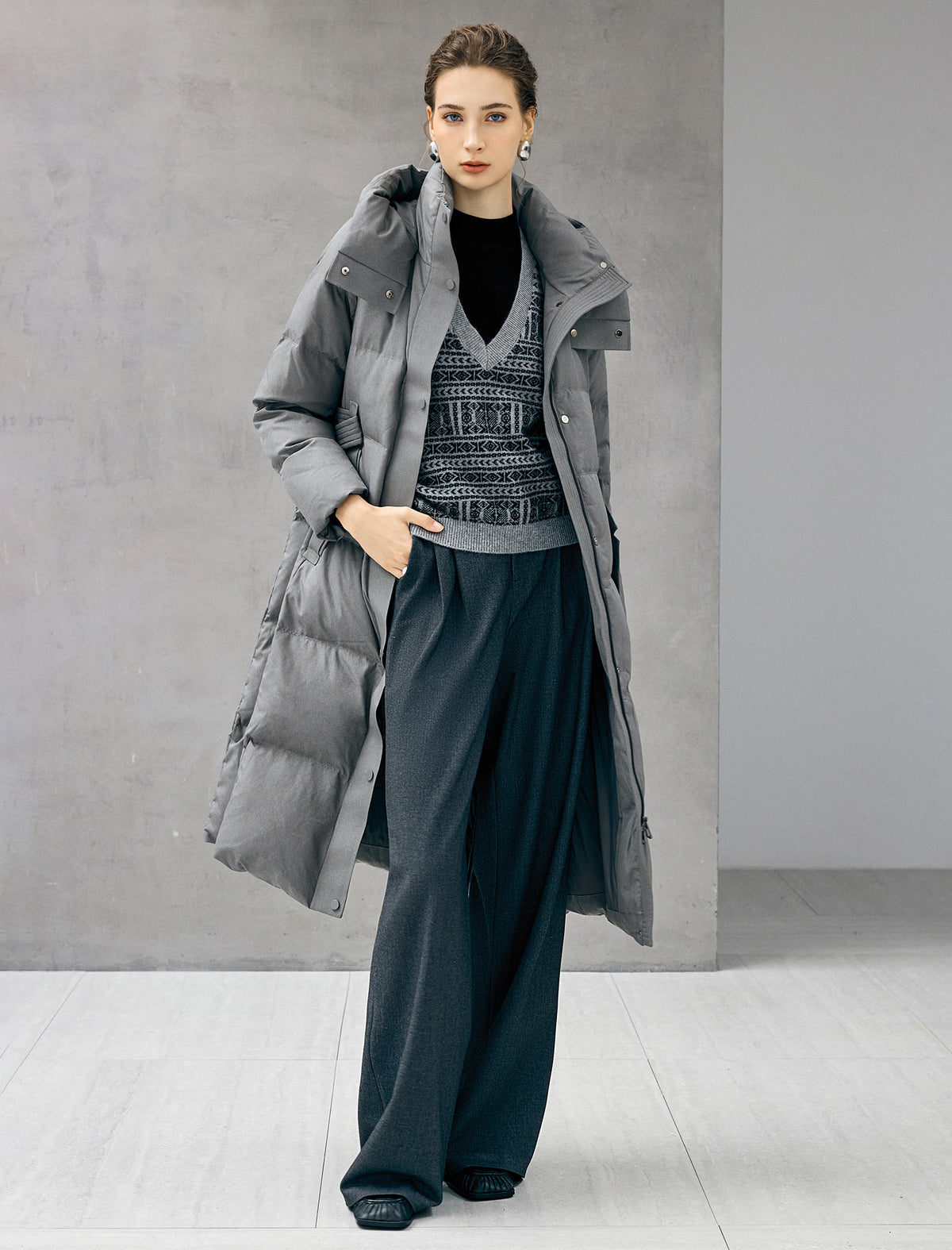 Belted Quilted Zip-Front Long Puffer Coat