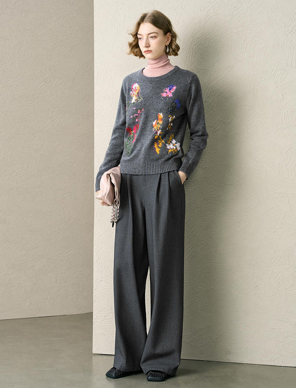 Gray Embroidered Vintage Wool Knit Sweater