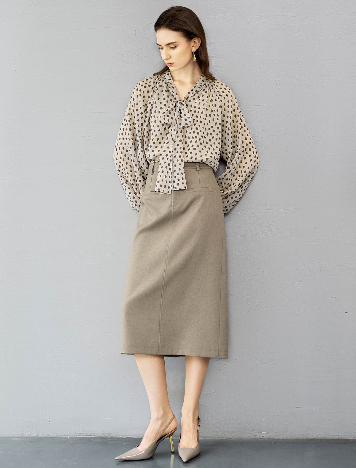 Oatmeal Ditsy Dot Tie-Neck Blouse