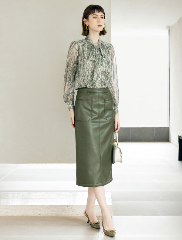 Olive Green Faux Leather Midi Skirt