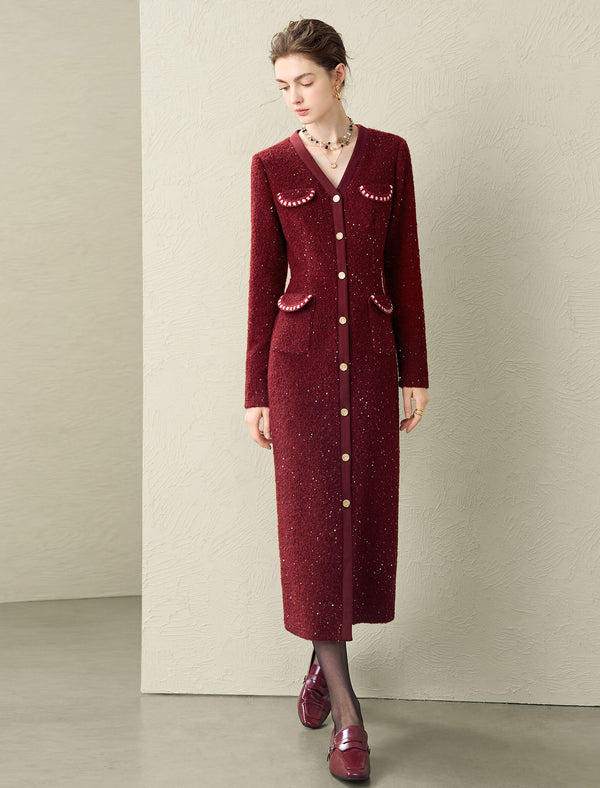 Sparkle Wool Blend V-Neck Button-Front Midi Dress