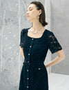 Black Lace Pearl Button Midi Dress