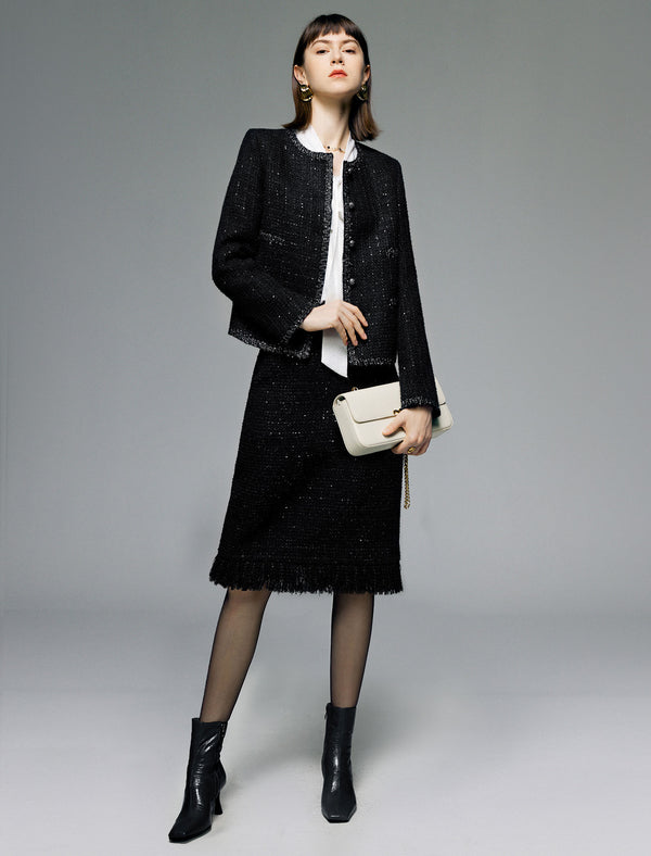 Wool Blend Tweed Midi Pencil Skirt