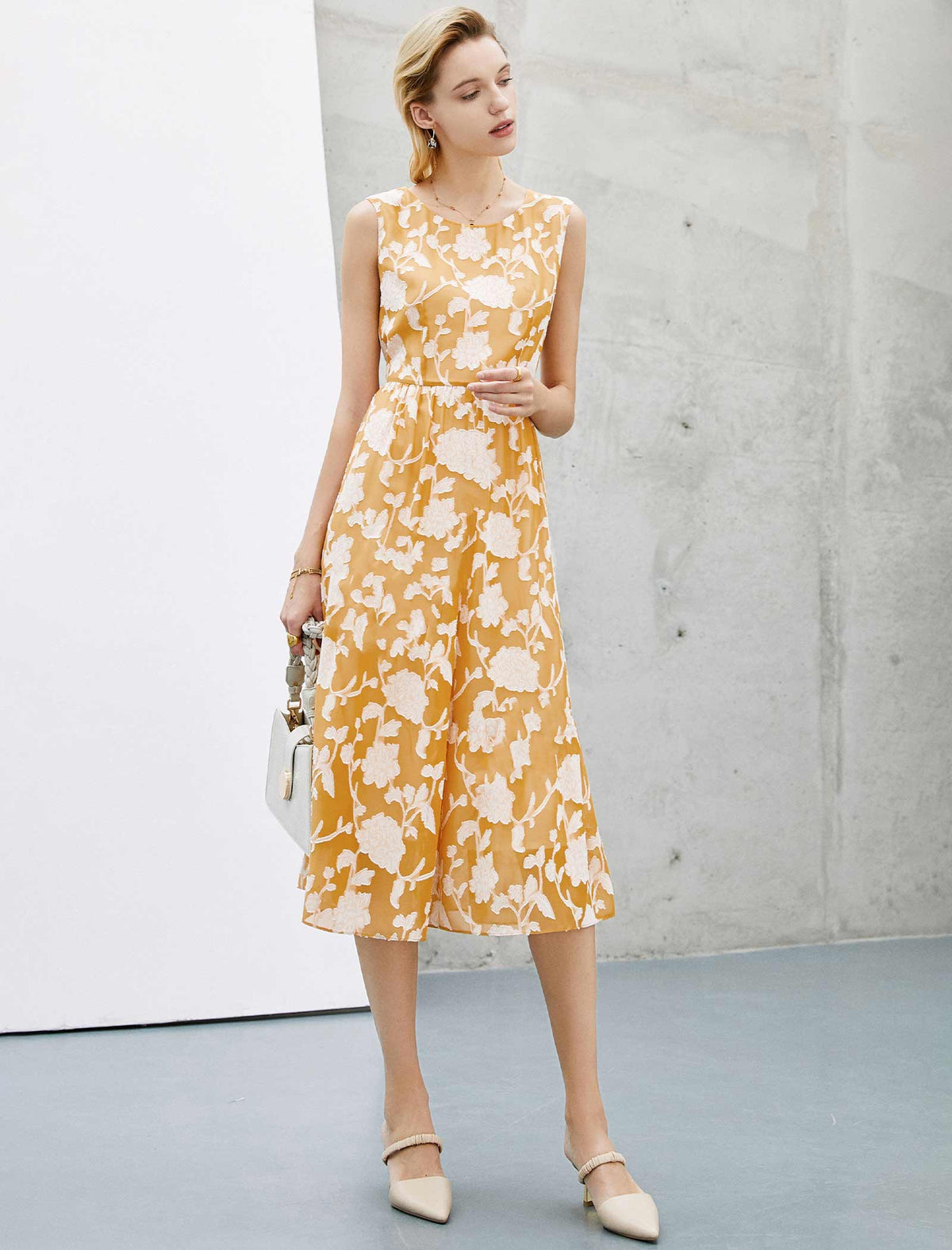 Mustard Floral Sleeveless Midi Dress