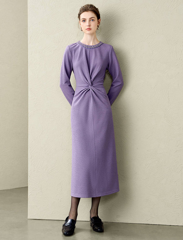 Lavender Beaded Neckline Twist Detail Midi Dress