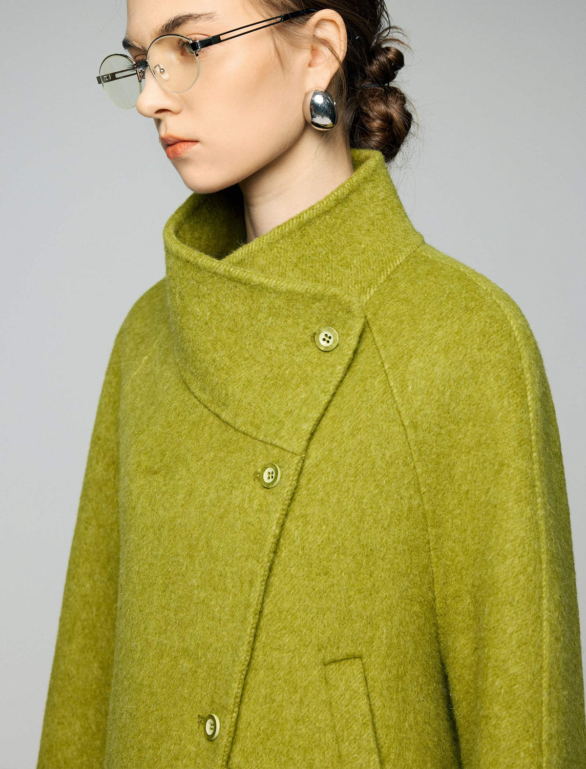 Wool Blend Ruched-Lapel Raglan-Sleeve Cropped Jacket