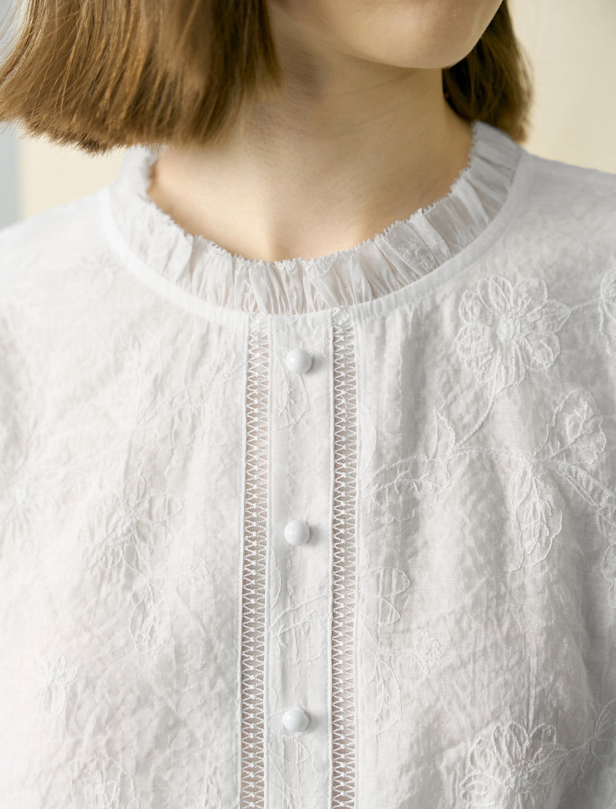 Floral Embroidered Ruffle Neck Blouse