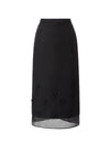 Navy 3D Floral Applique Mesh Hem High Waist Midi Skirt