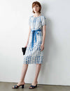 Blue Polka Dot Belted Midi Dress