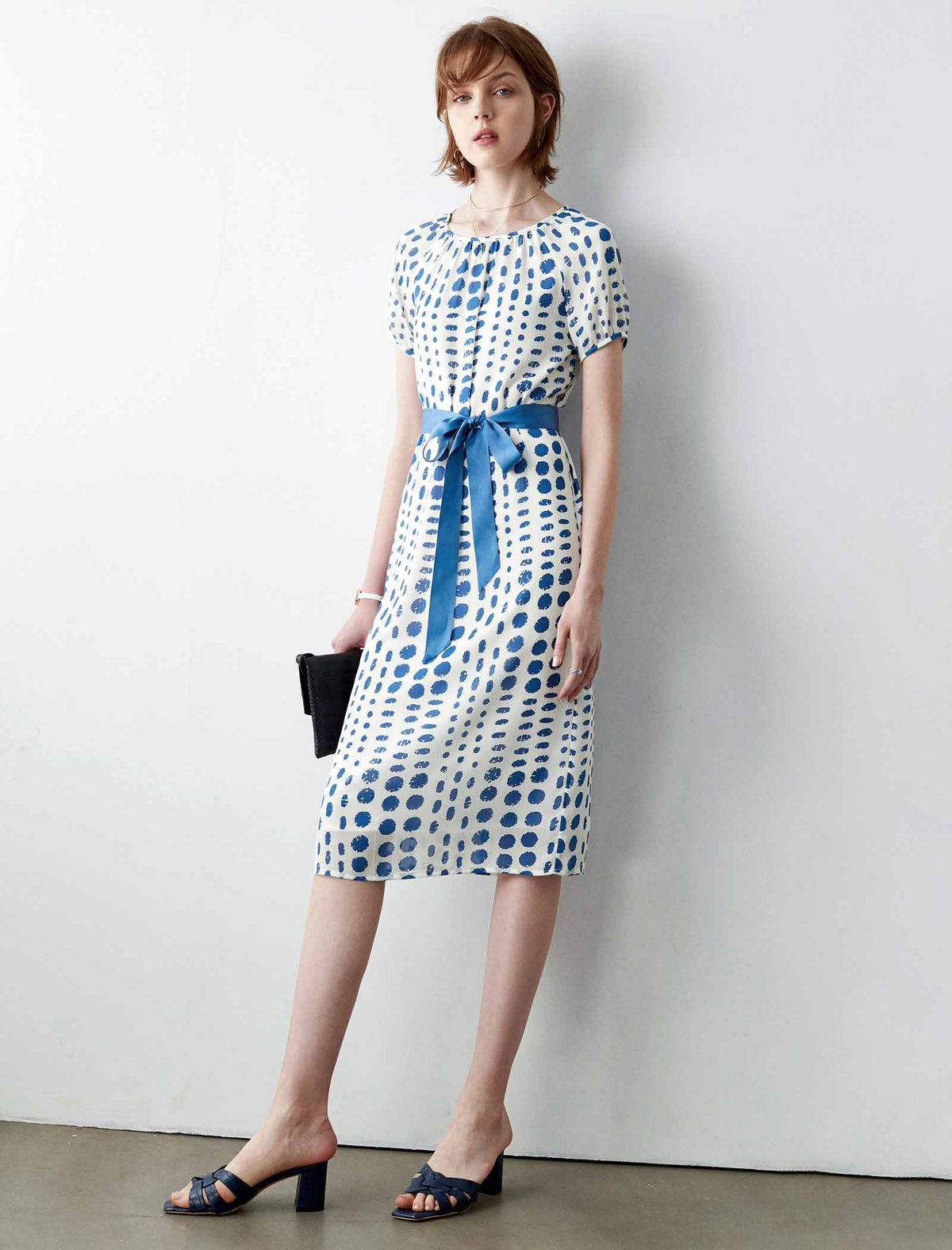 Blue Polka Dot Belted Midi Dress