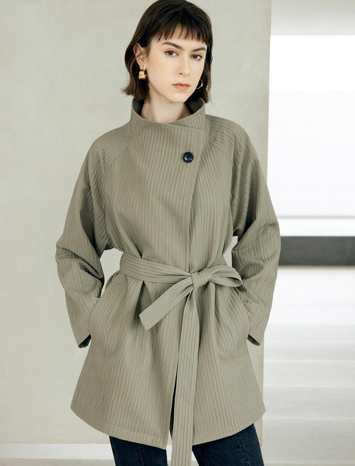 Textured Stand Collar Mid-Length Minimalist Trench Coat