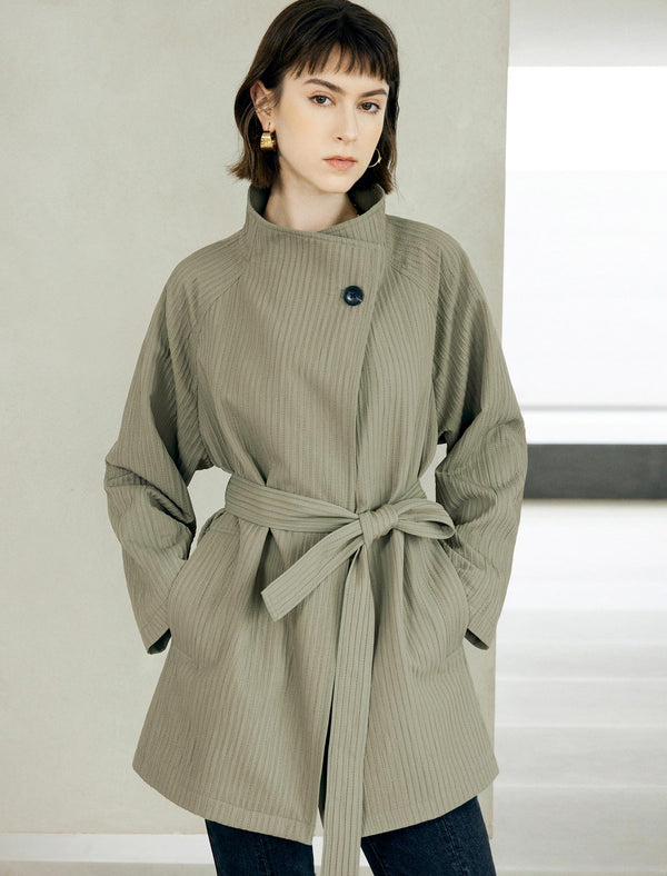 Textured Stand Collar Mid-Length Minimalist Trench Coat