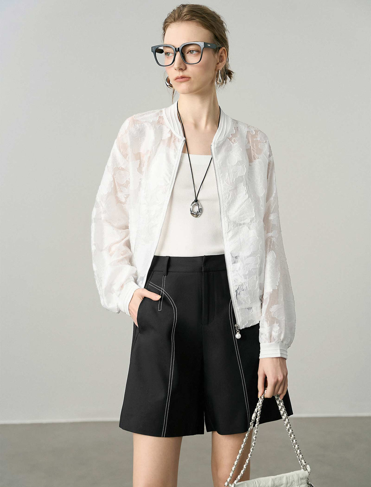 High-Waisted Black Contrast Stitch Bermuda Shorts