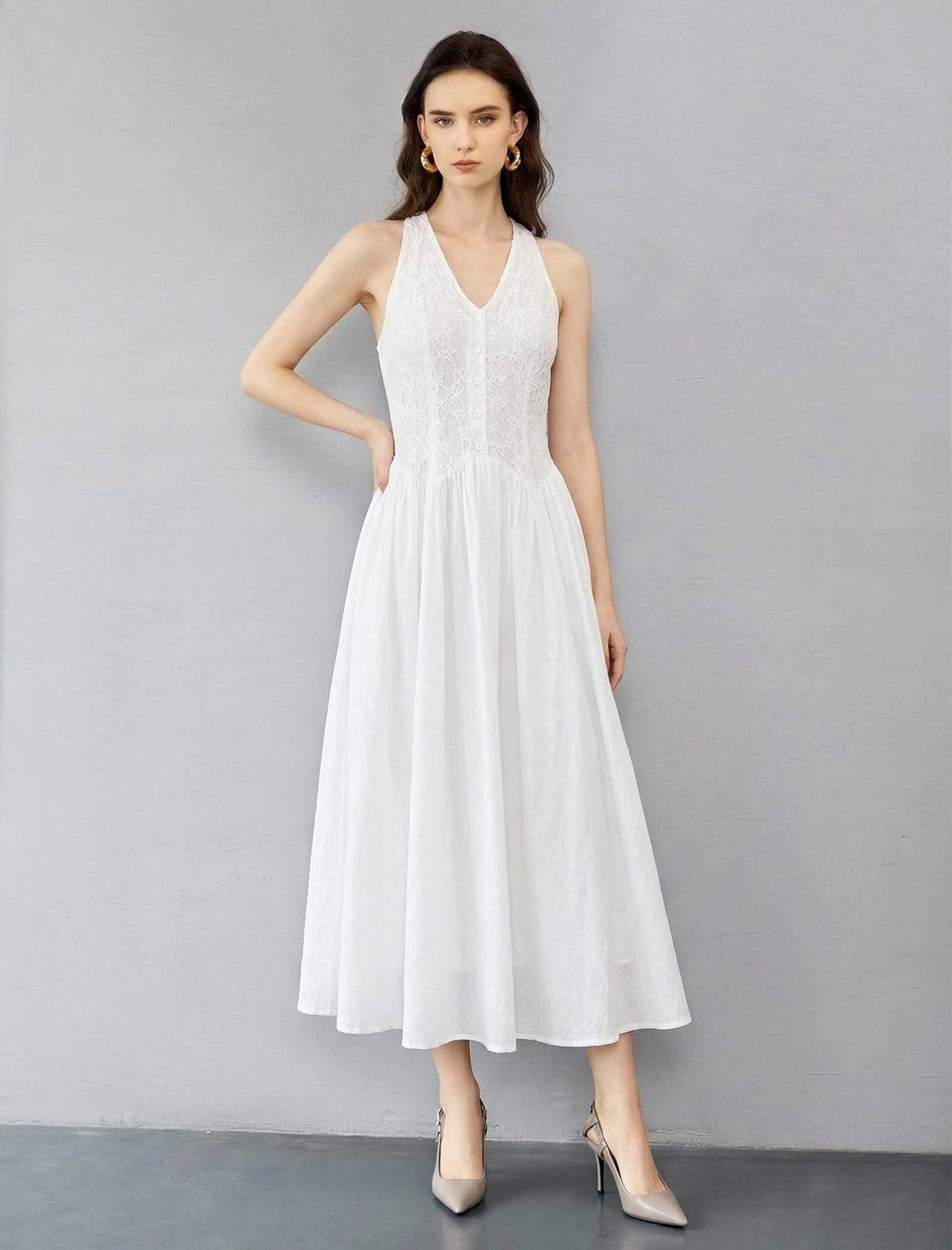 V-Neck Longline Vest Style Lace Layered Dress