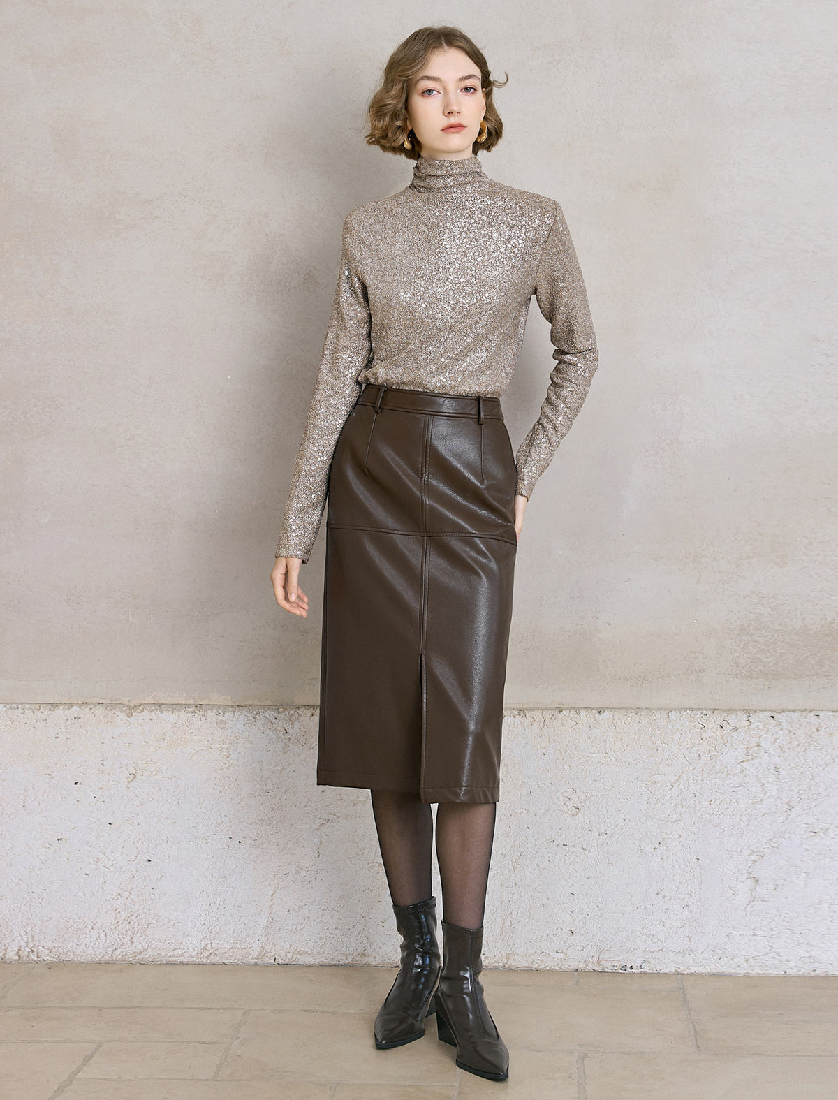 All-Over Sequin Turtleneck Long-Sleeve Top