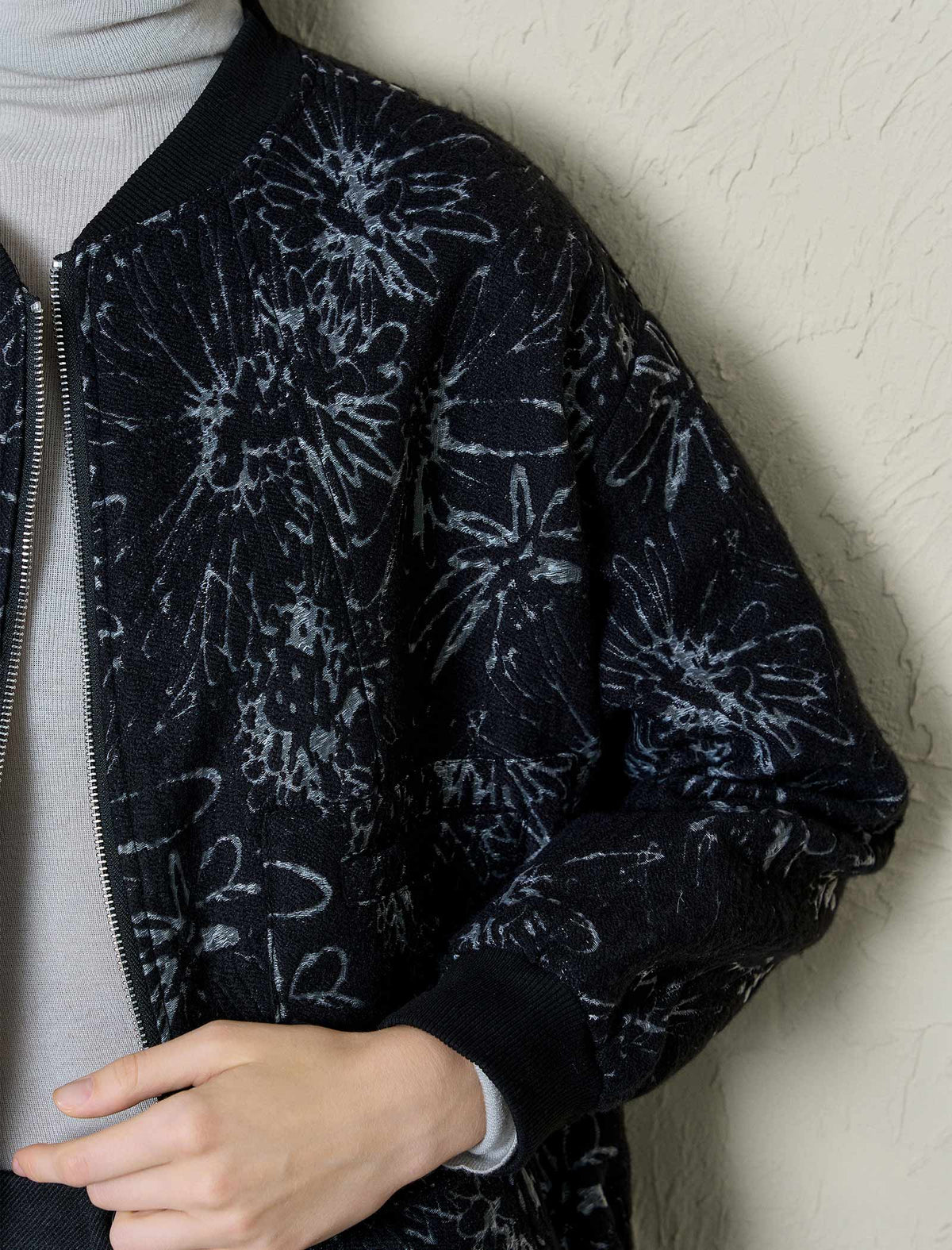 Black Textured Jacquard Floral Bomber Jacket