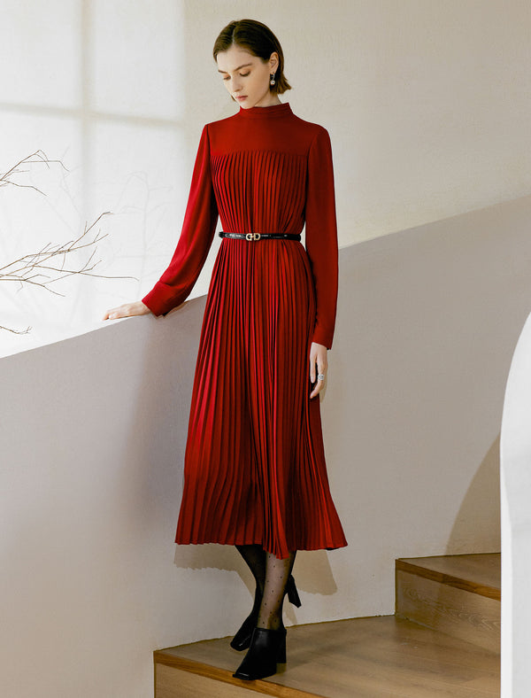 Mock Neck Pleated Midi Dress
