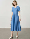 Blue V-Neck Seamed Fit-and-Flare Tencel Midi Dress