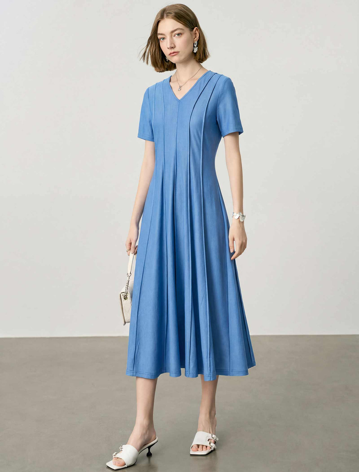 Blue V-Neck Seamed Fit-and-Flare Tencel Midi Dress