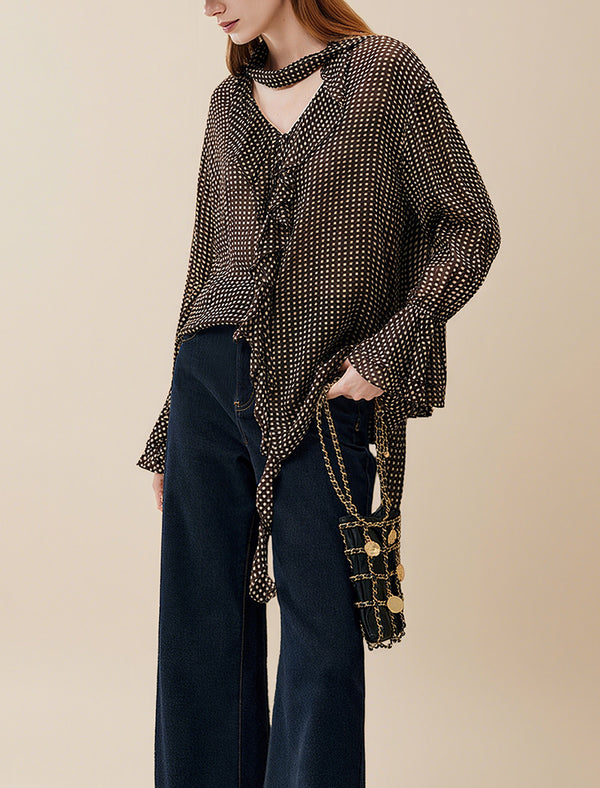 Brown Grid Print Sheer Blouse