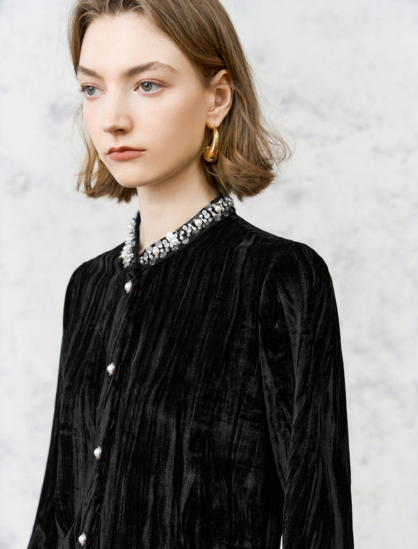 Black Velvet Embellished Button-Up Top