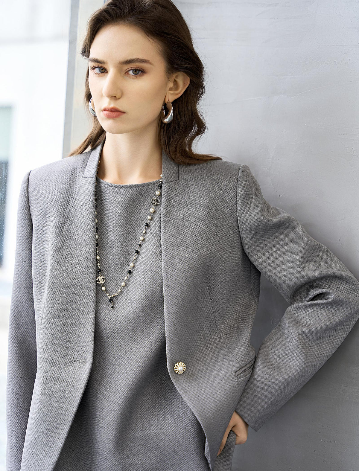 Grey Cropped Collarless Blazer