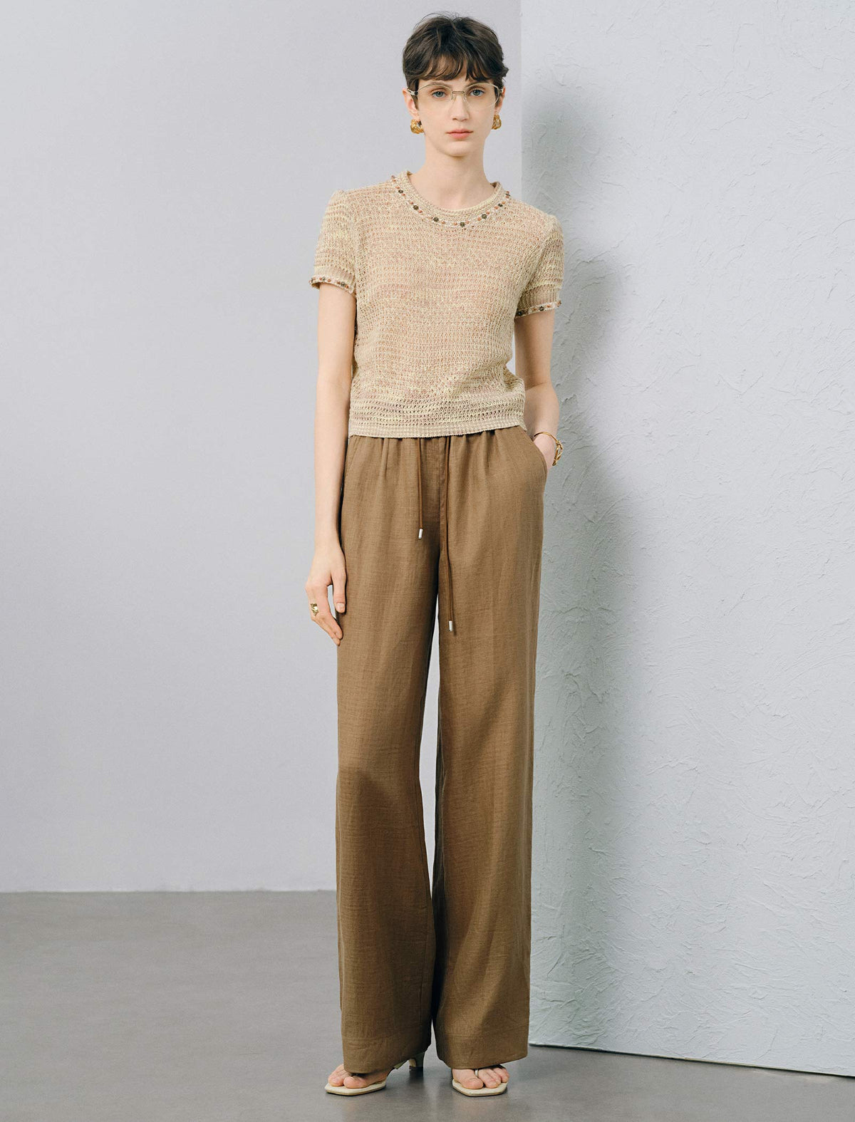 Beaded Open-Knit Short Sleeve Knit Top