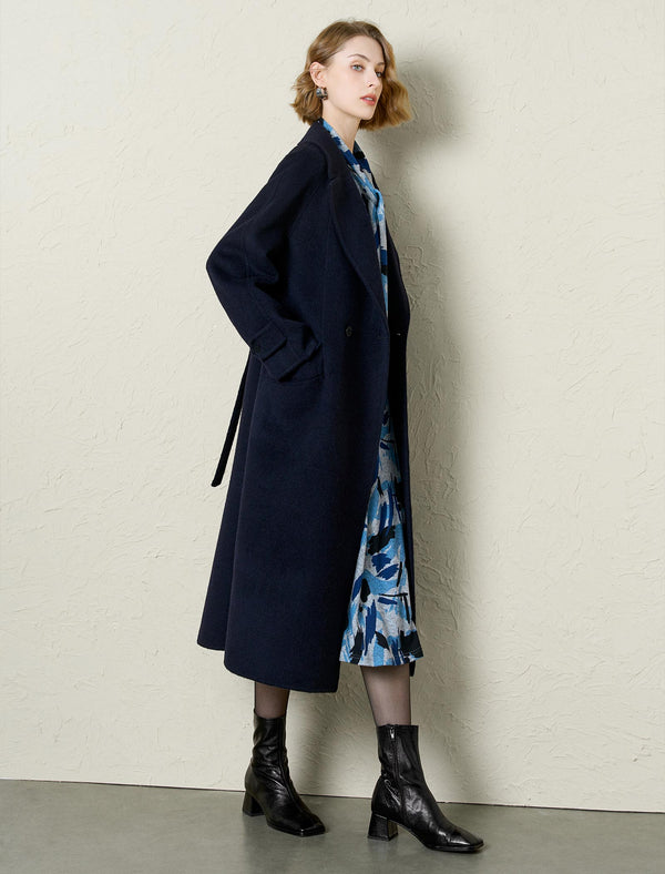Navy Wool-Cashmere Blend Self-Tie Coat