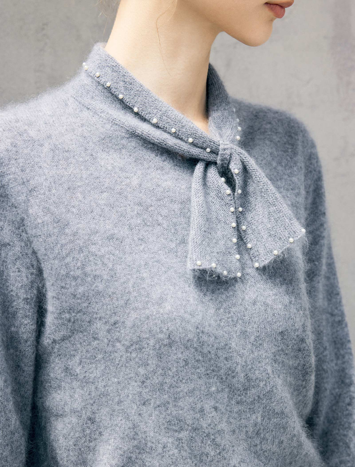 Wool and Mulberry Silk Blend Pearl-Bow Crewneck Sweater