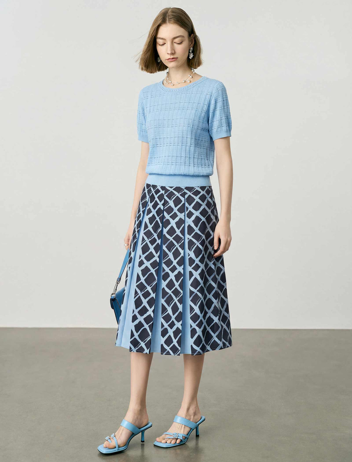 High-Waisted Geometric Print Pleated Midi Skirt