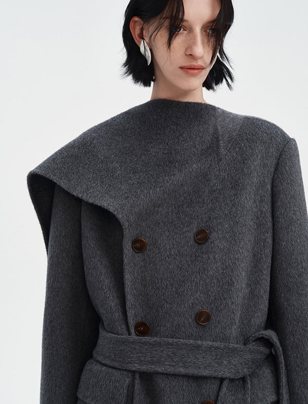 Wool-Rabbit-Alpaca Blend Double-Breasted Coat with Attached Scarf