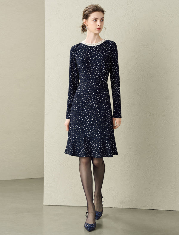 Floral Waist-Defining Long-Sleeve Dress