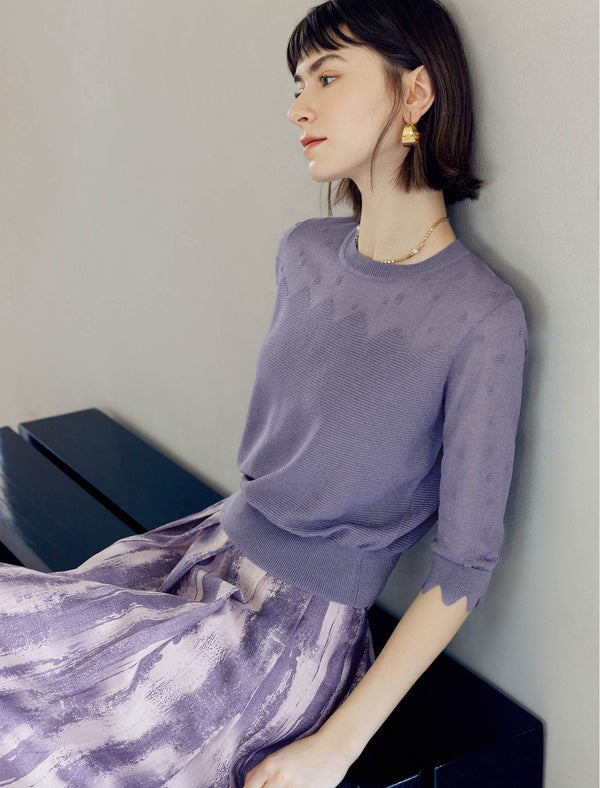 Wavy Texture Scalloped Cuffs Knitted Pullover