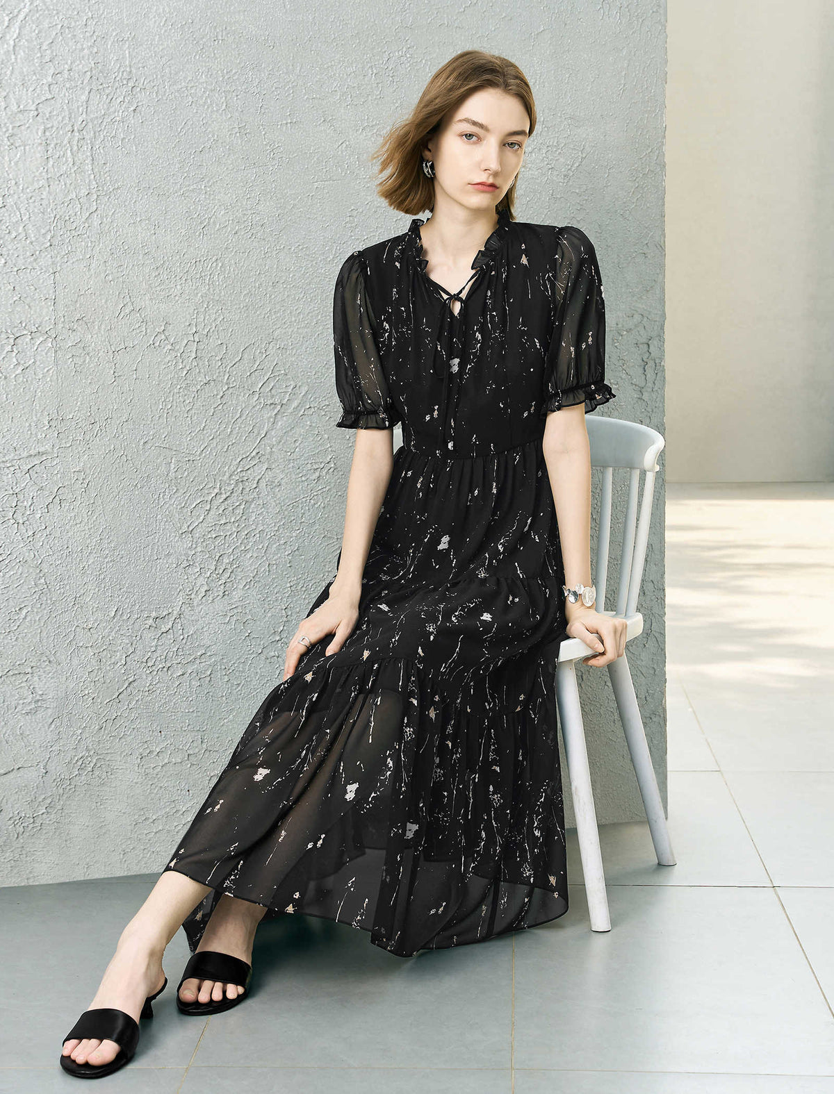 Black Splatter Print Ruffled Midi Dress