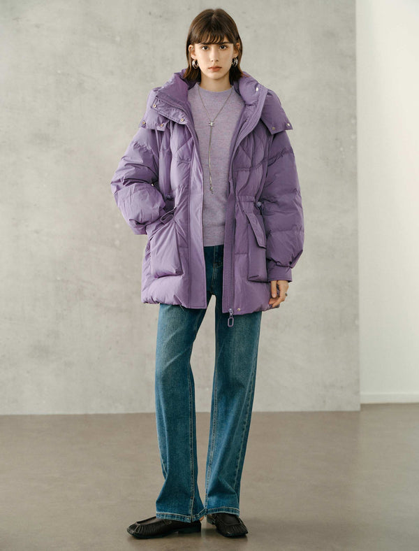 Zip-Front Drawstring Waist Hooded Down Jacket