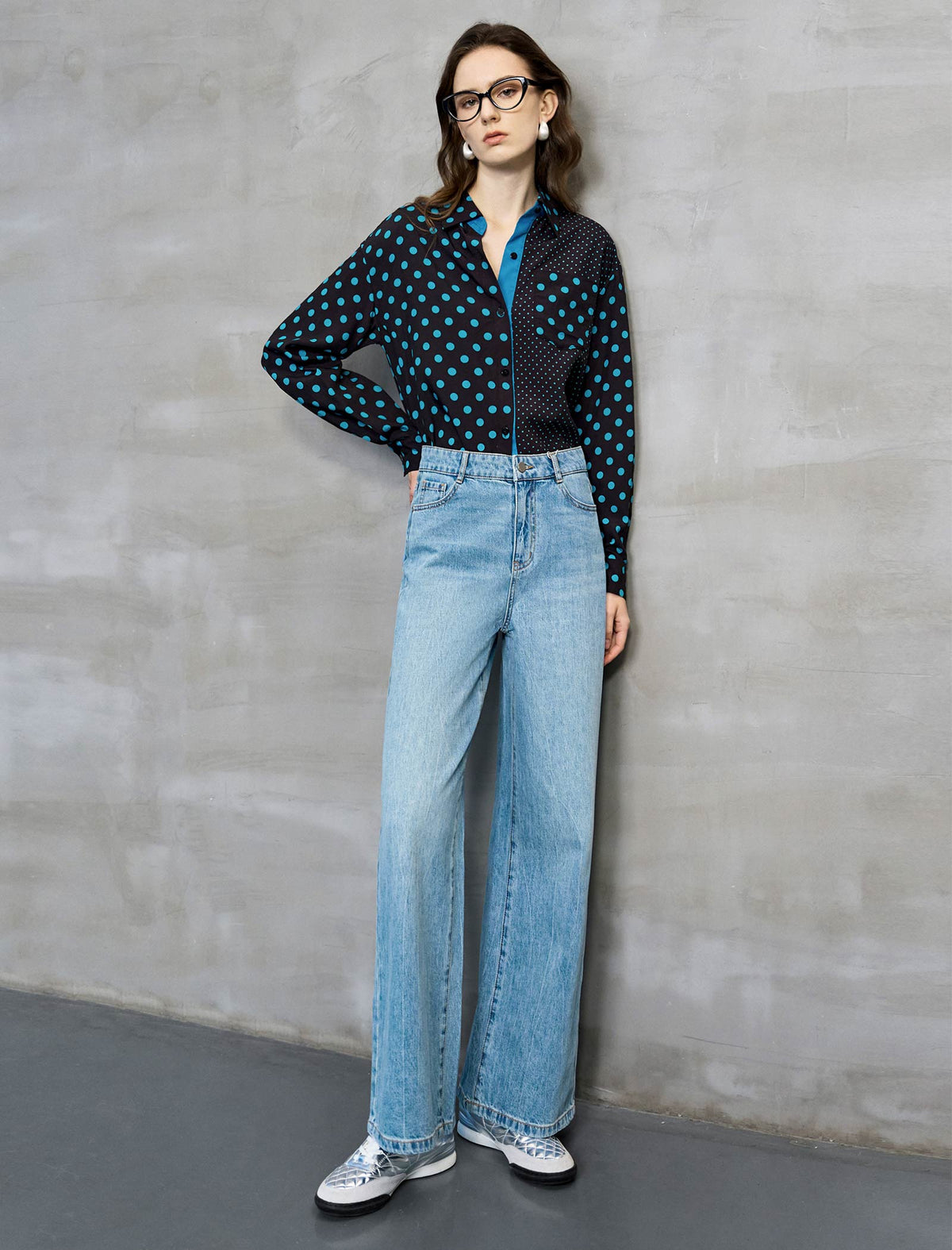 Black And Turquoise Polka Dot Asymmetric Blouse