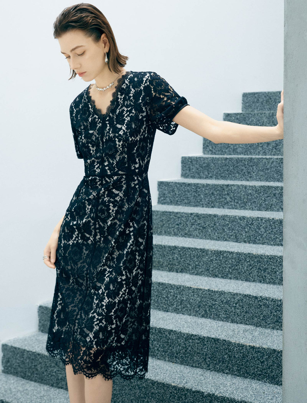 Black Floral Lace V-Neck Short Sleeve Fit And Flare Midi Dress