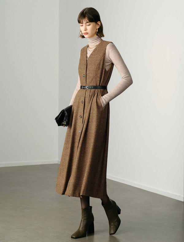 Wool V-Neck Minimalist Sleeveless Midi Dress