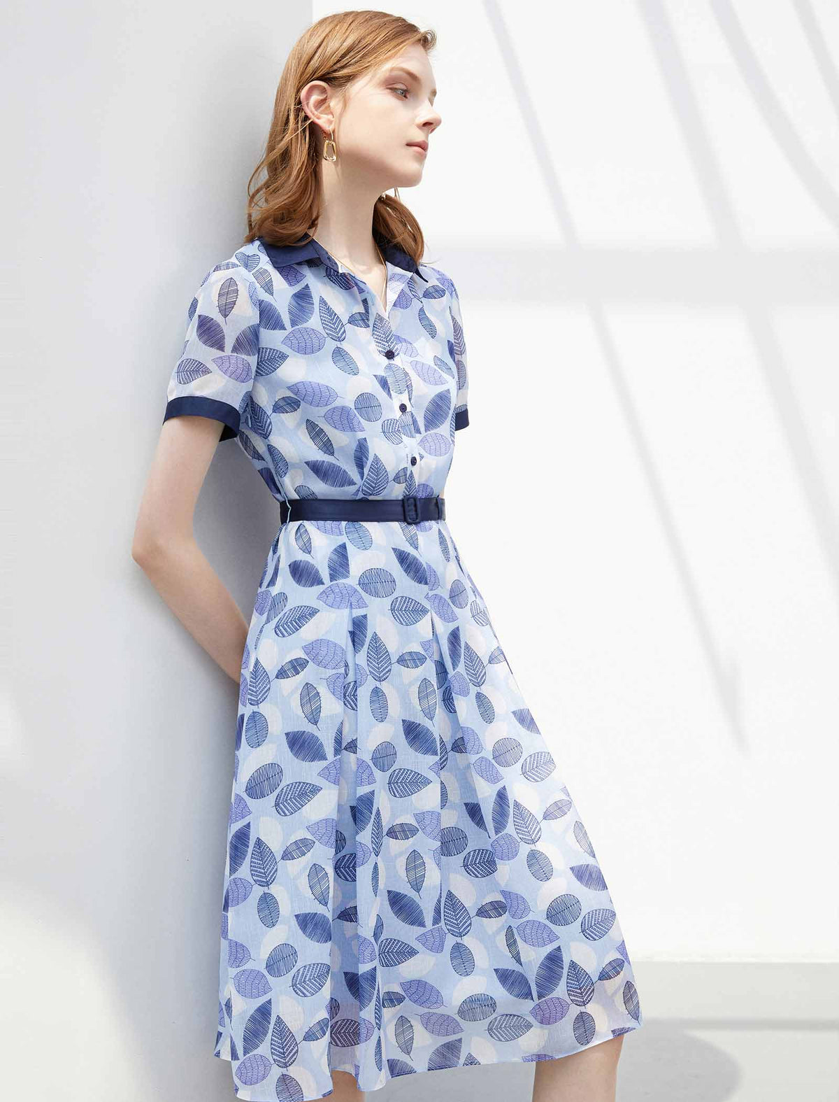 Leaf Print Contrast Trim Shirt Dress