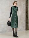 Green Plaid Tweed Sleeveless Midi Dress