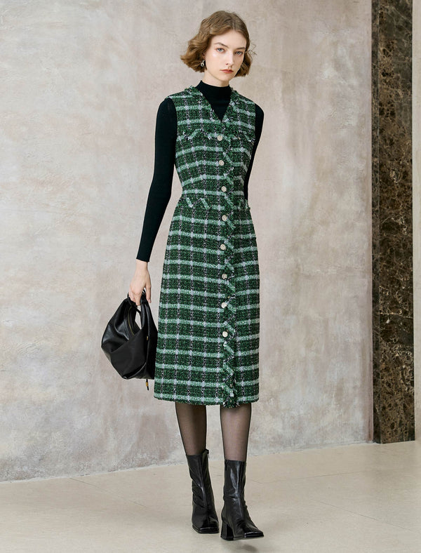 Green Plaid Tweed Sleeveless Midi Dress
