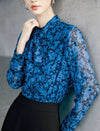 Blue Floral Print Tie Neck Long Sleeve Chiffon Blouse