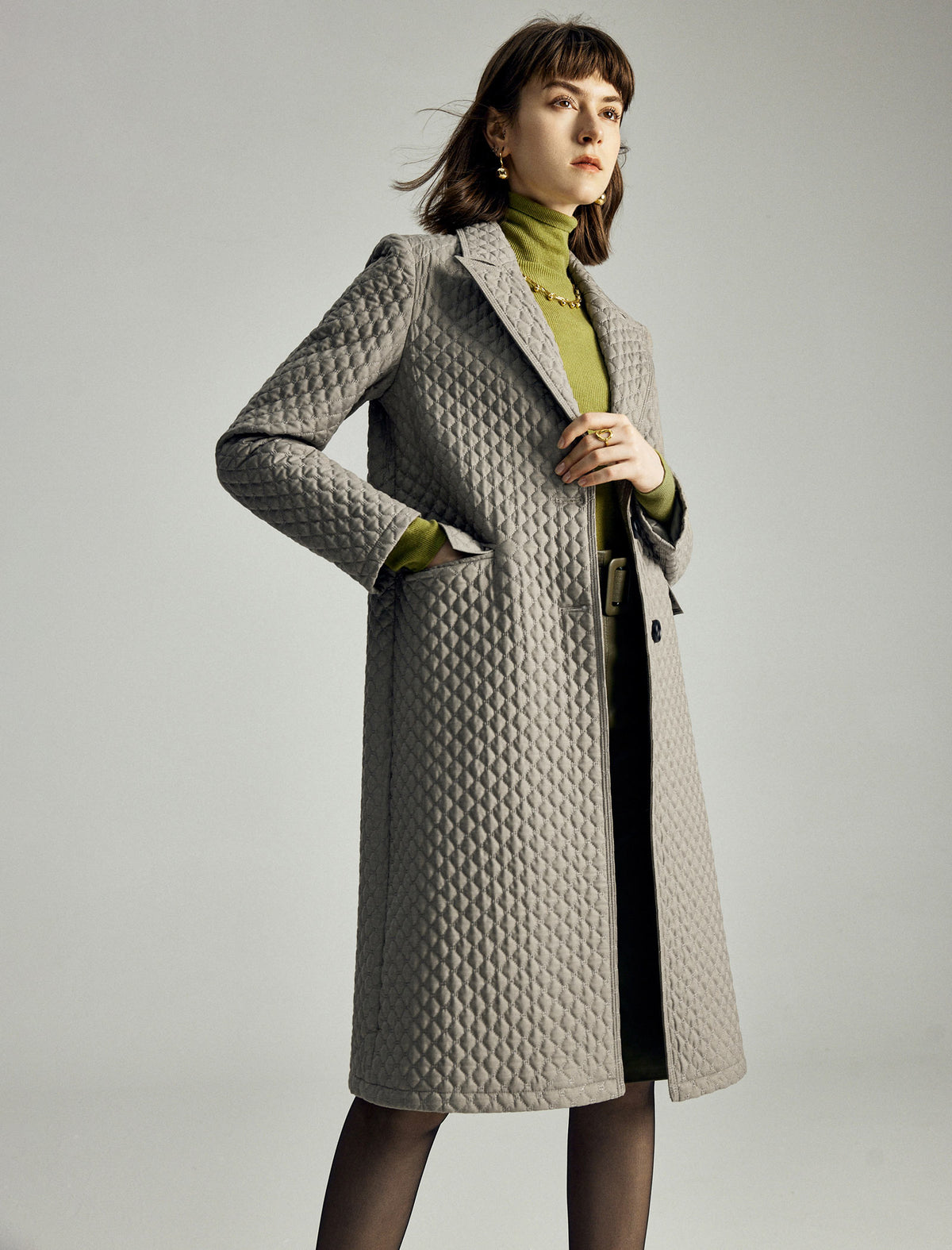 Quilted Notched-Lapel Pocket Padded Coat