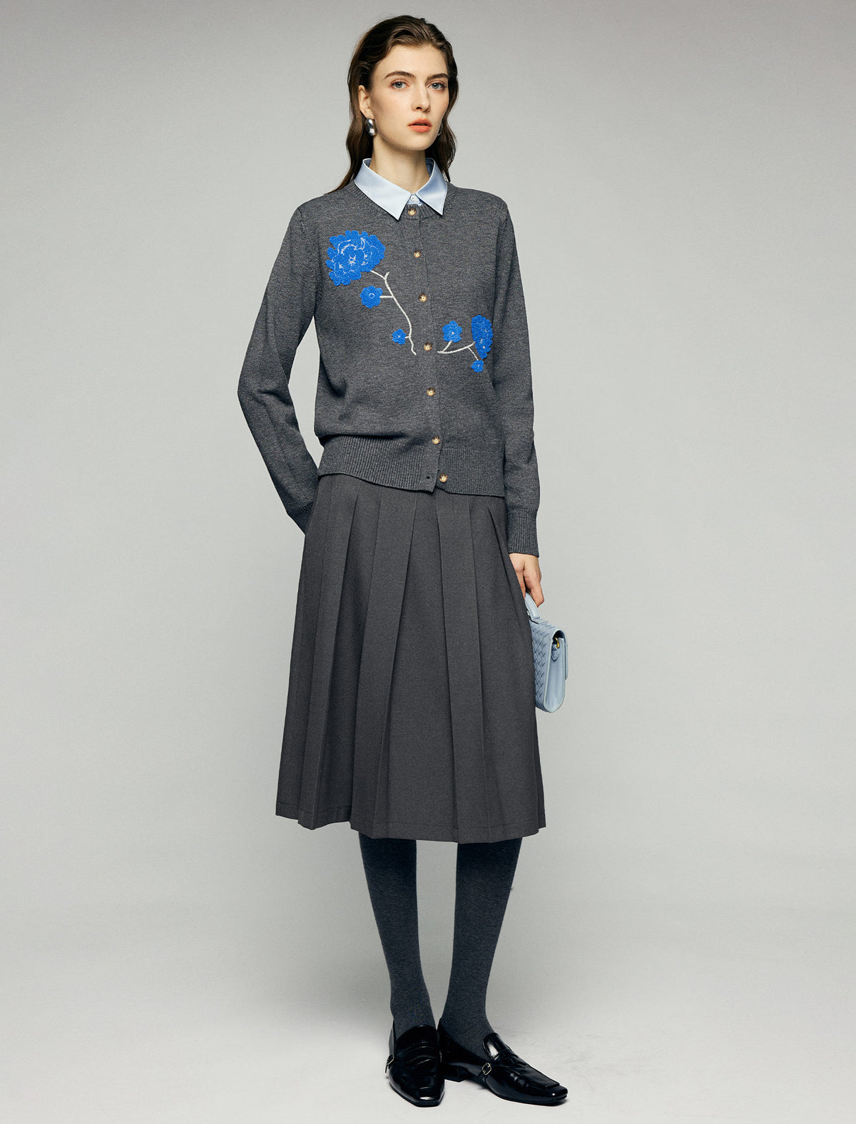 Wool Blend Floral Applique Crewneck Button-Front Cardigan