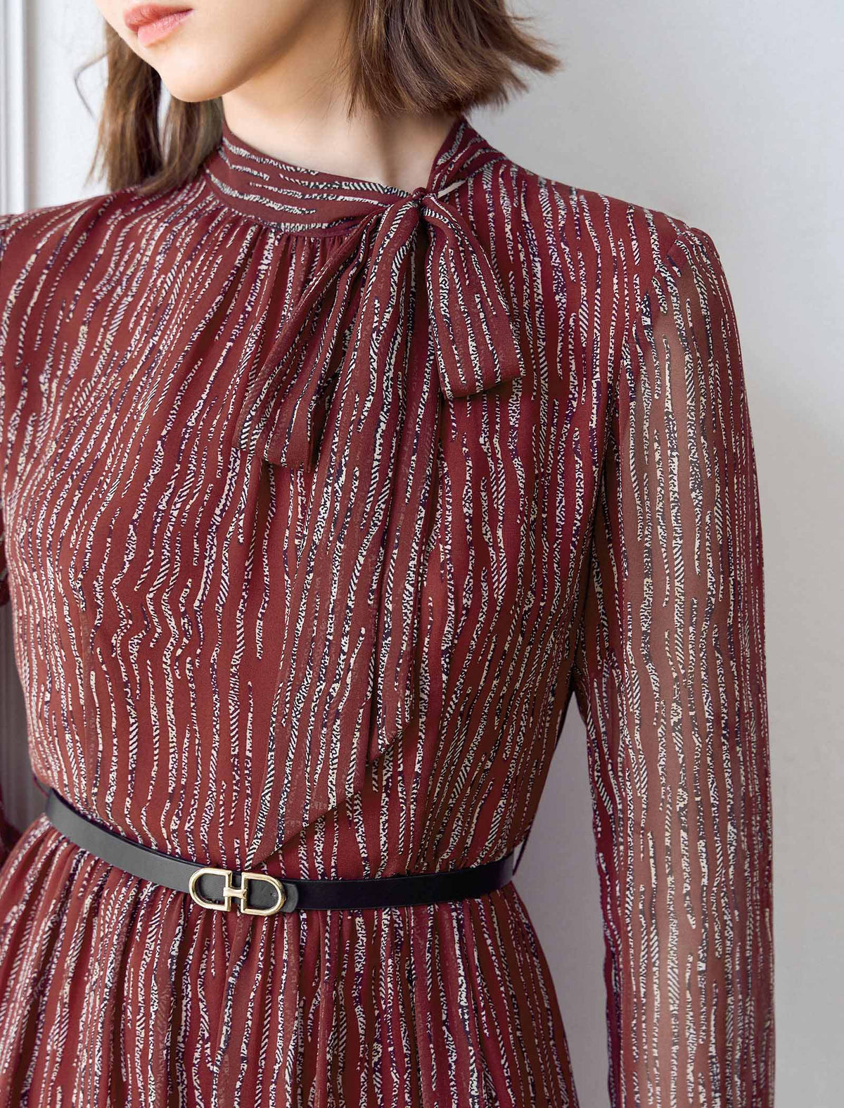 Tie-Neck Striped Print Midi Dress