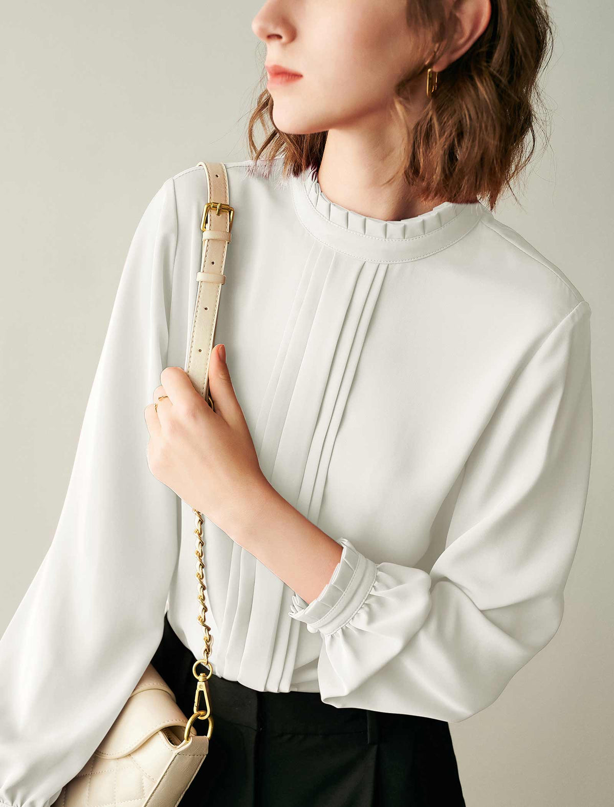Ruffled Mock Neck Pleated Front Blouse