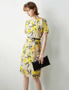 Yellow Floral 100% Mulberry Silk Belted Midi Dress