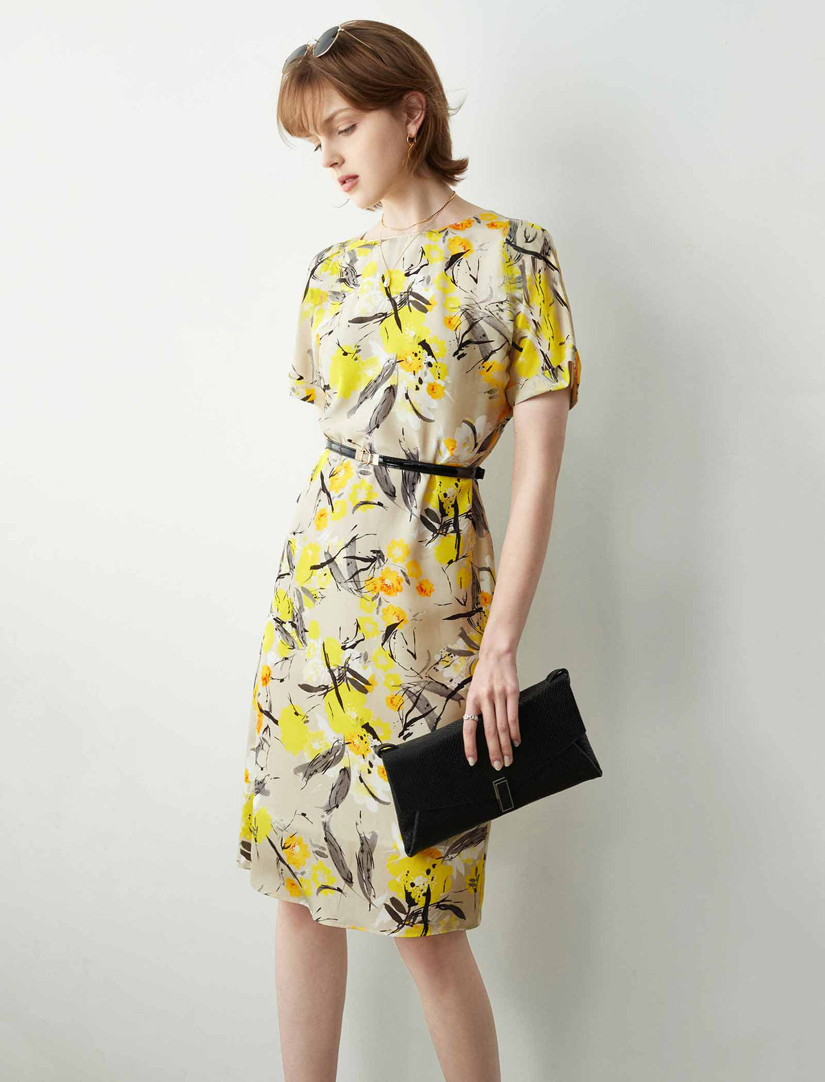 Yellow Floral 100% Mulberry Silk Belted Midi Dress