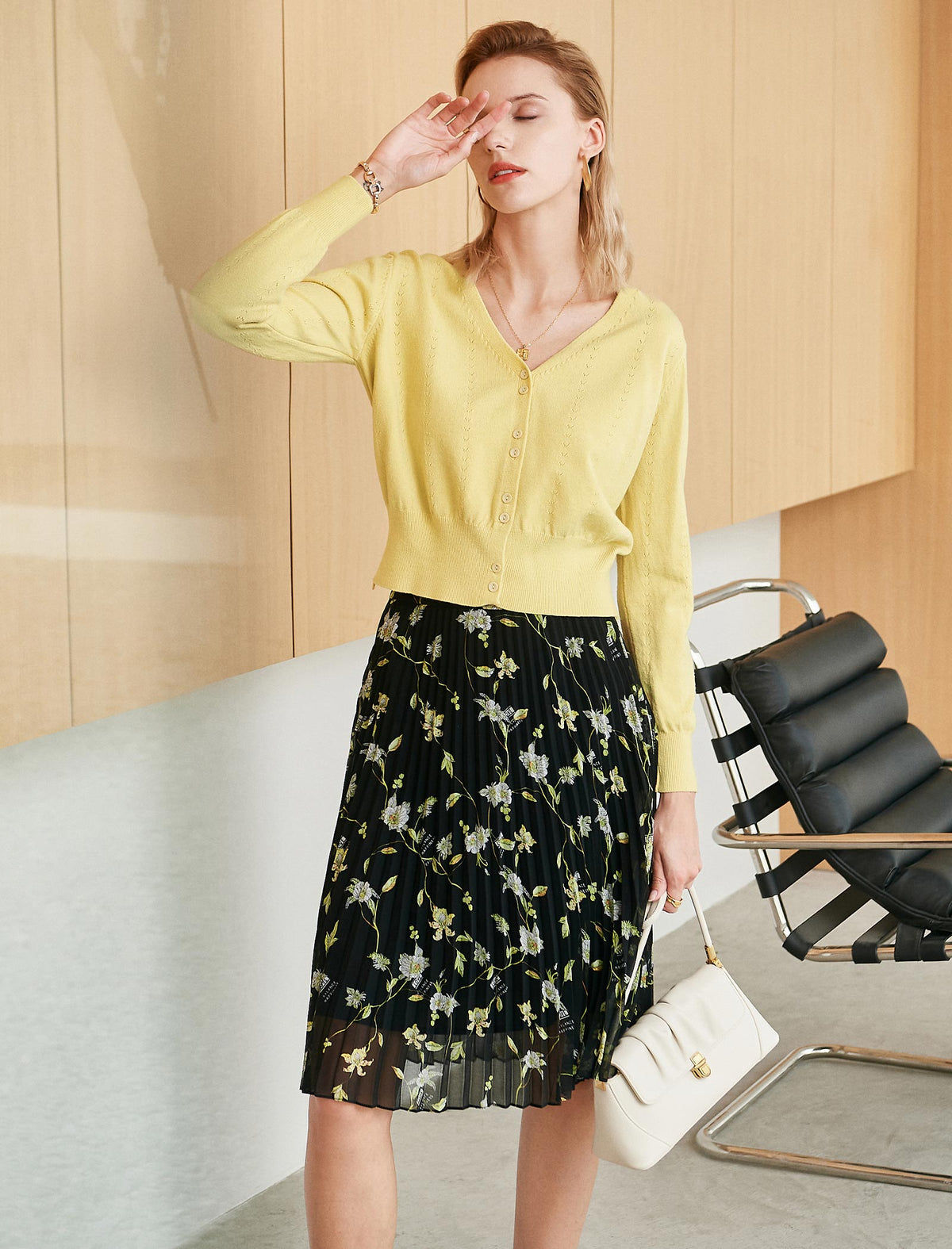 Vintage Chiffon Floral Pleated A-Line Skirt