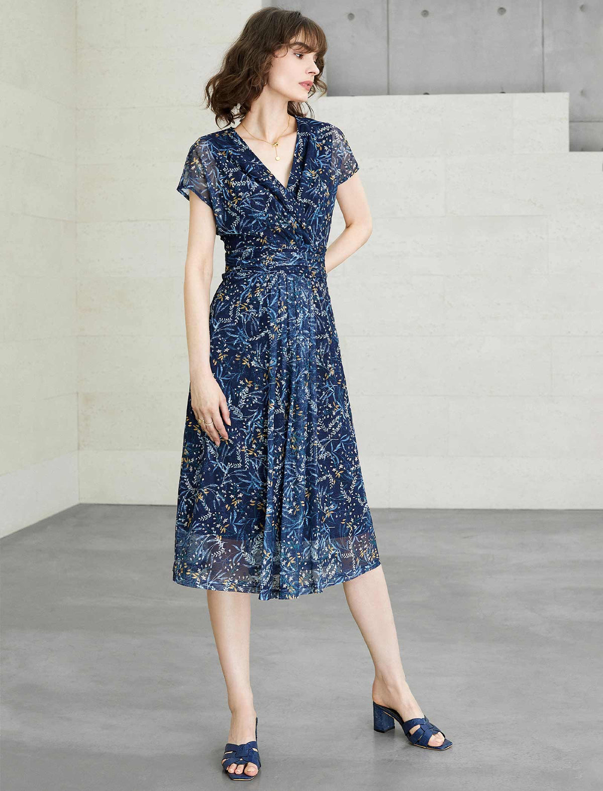 V-Neck Floral Waist-Cinched Dress